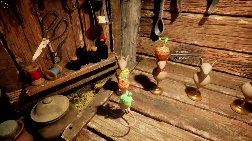 Mannequins in the witch's cave, one wearing the Pin Cushion