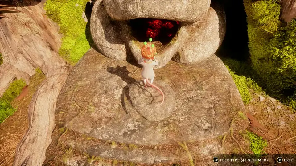 The mouse at the stone fire pit with the Feed fire (48 Glimmer) prompt