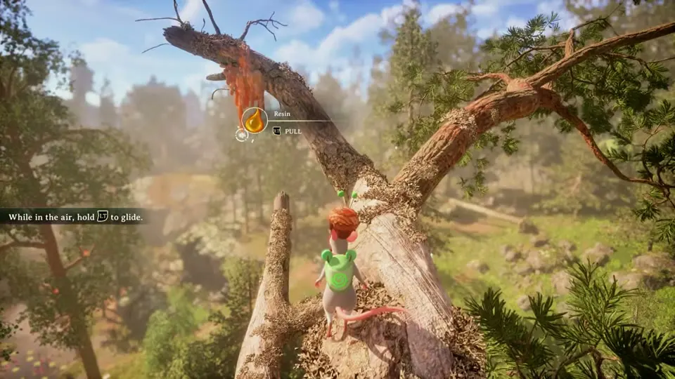 The mouse climbing the pine toward an orange blob of resin