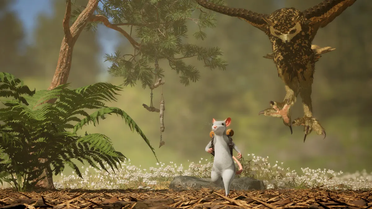 A mouse in the forest with an owl swooping down